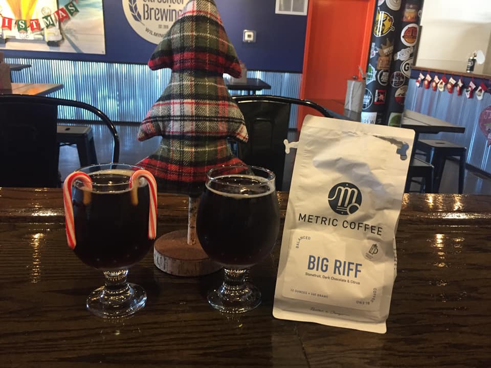 One beer with 2 candy canes, one beer next to a bag of Metric Coffee from Rt66 Old School Brewing