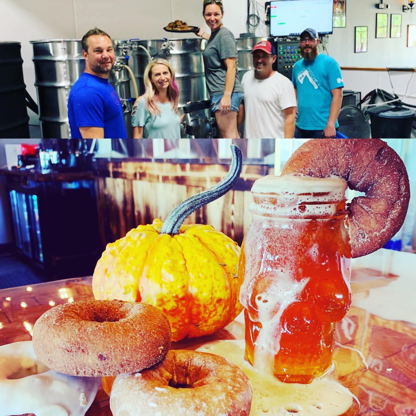 brewers holding plate of donuts (top photo), apple cider donuts surrounding a glass of beer (bottom photo)