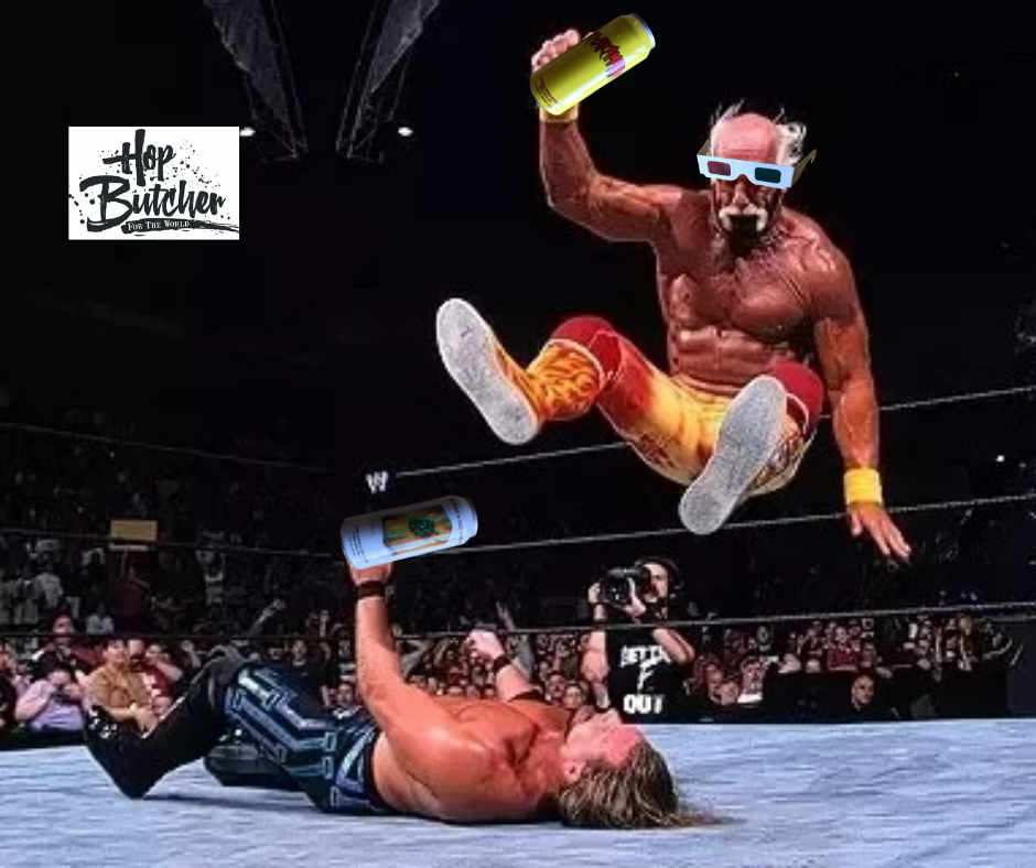photoshopped graphic, Hulk Hogan with 3d glasses holding a can of Riwakamania doing a leg drop on another wrestler holding a can of Preserved in Three Dimensions from Hop Butcher from the World