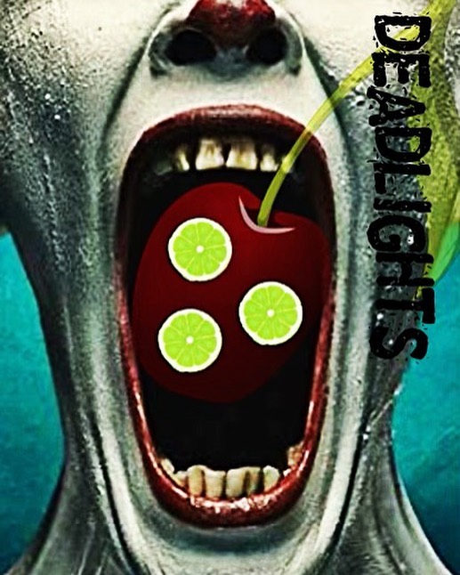 Picture of face (white skin, red nose, nasty teeth --- probably the Joket) with a cherry and lime photoshopped in person's mouth