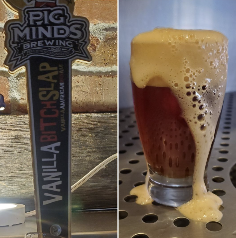 Tap handle on left (pig minds brewing), brew on right