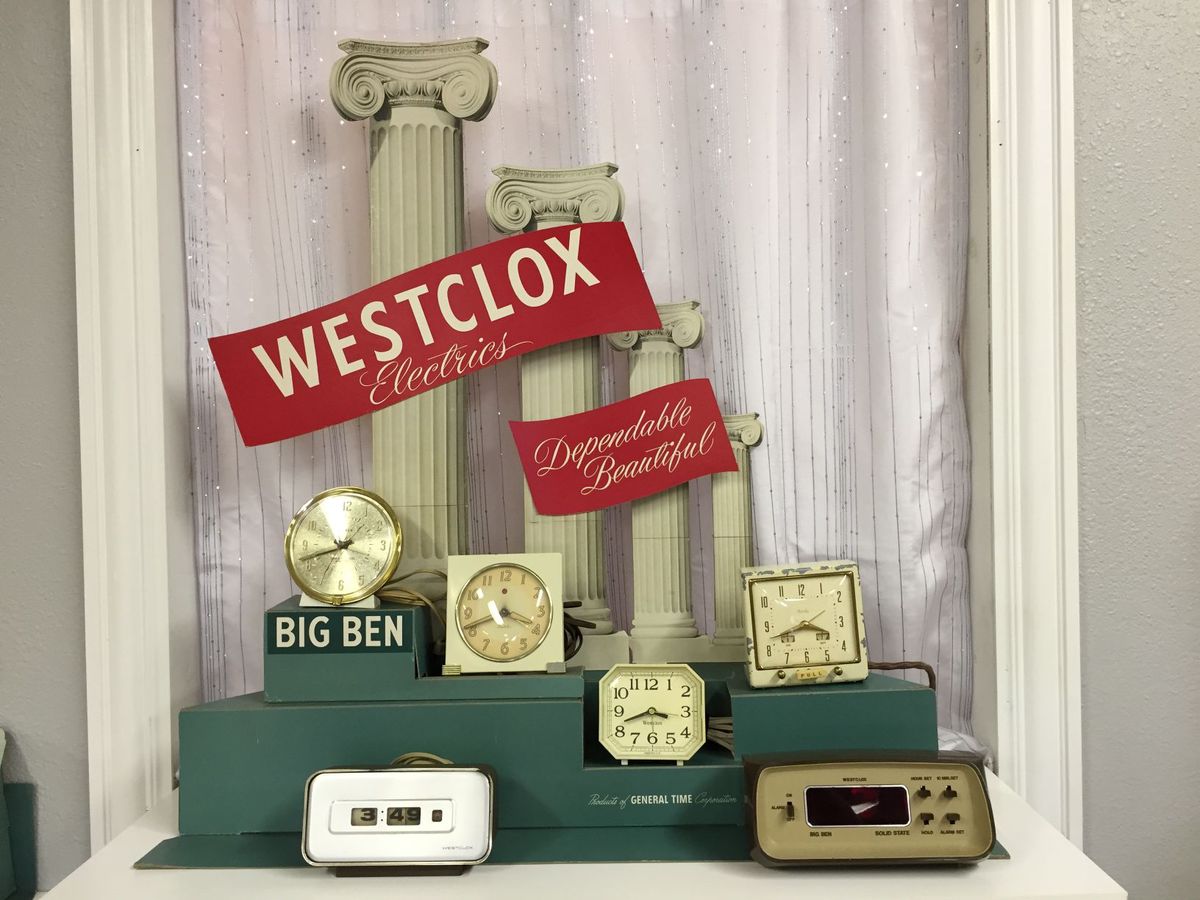 westclox museum image with 3 columns and historical items