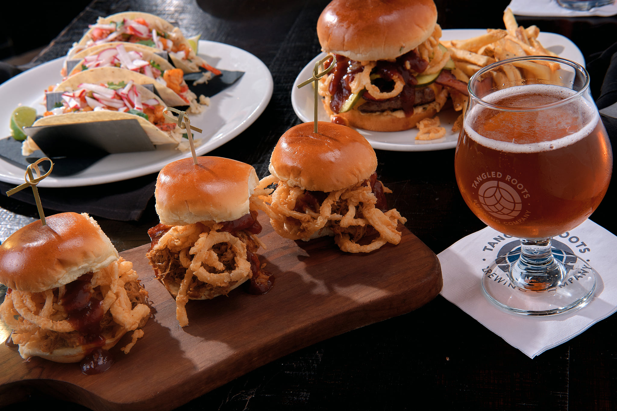 Tacos slider burgers and beer from Lone Buffalo Restaurant